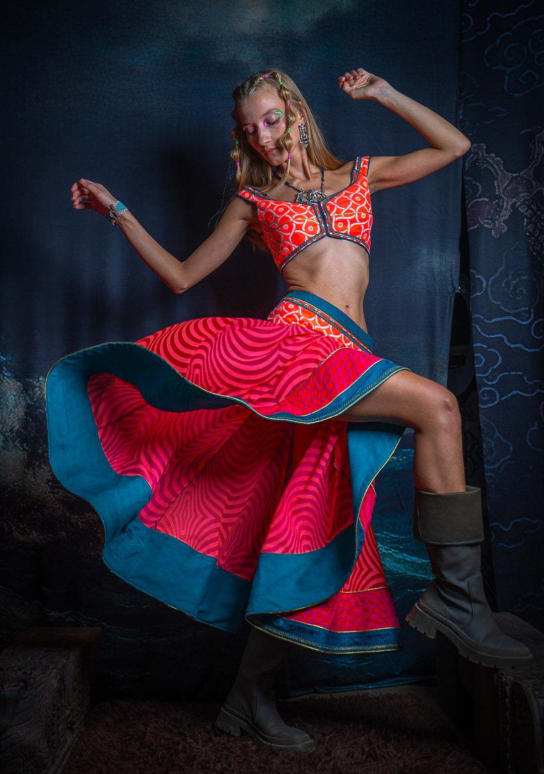 Choli & Skirt Woman Combo / Jaquard & Voile - PINKORANGE MADNESS